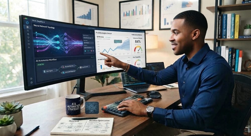 Nonso Ezeoma reviewing analytics and AI-automation dashboards